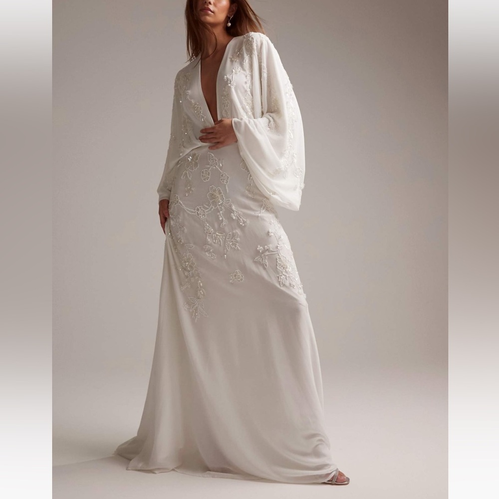 ASOS DESIGN Lisa drape sleeve plunge wedding dress in ivory